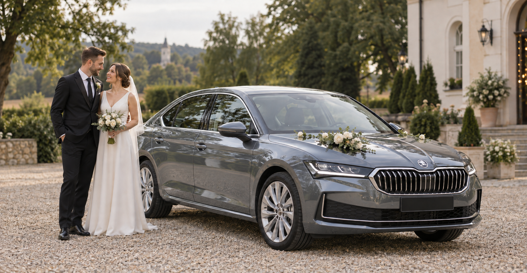 Bride and groom beside a grey Škoda Superb decorated for the wedding – wedding car with driver, Nowy Sącz